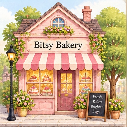 Hand-illustrated storefront of Bitsy Bakery in Bumblebury